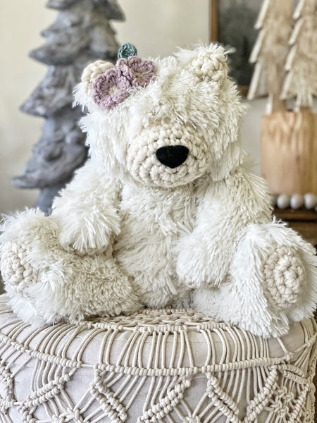 A plush polar bear handmade by ClaraLoo with soft ivory white faux fur and cream colored crocheted accents.