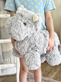 A gray hippo stuffed animal made by ClaraLoo with soft minky fabric and crochet accents.